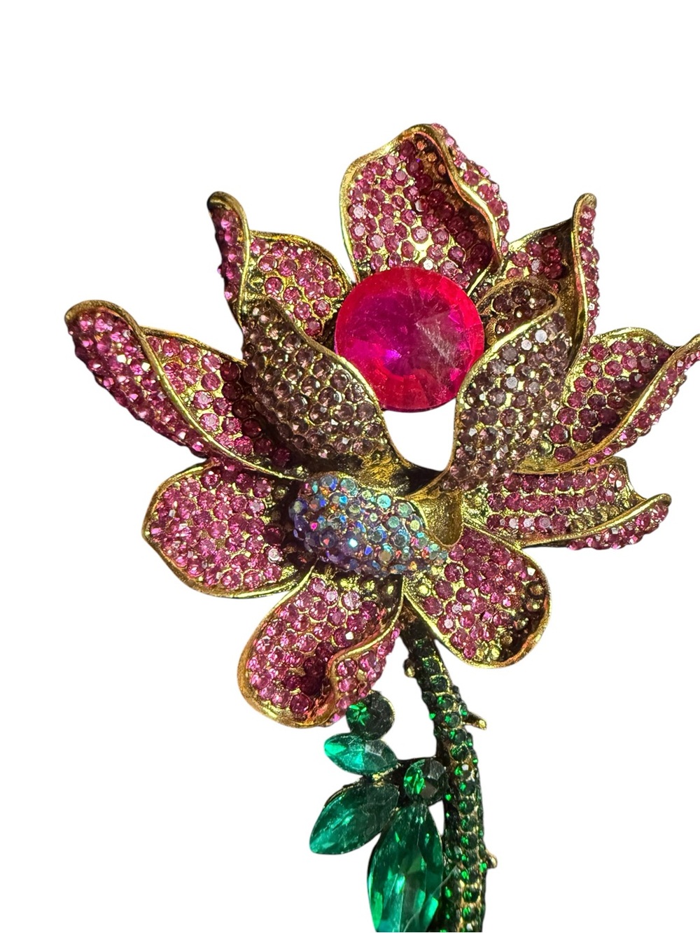 Large Pink Rhinestone Orchid Flower Brooch or pendant Gold Tone Statement - Picture 5 of 5